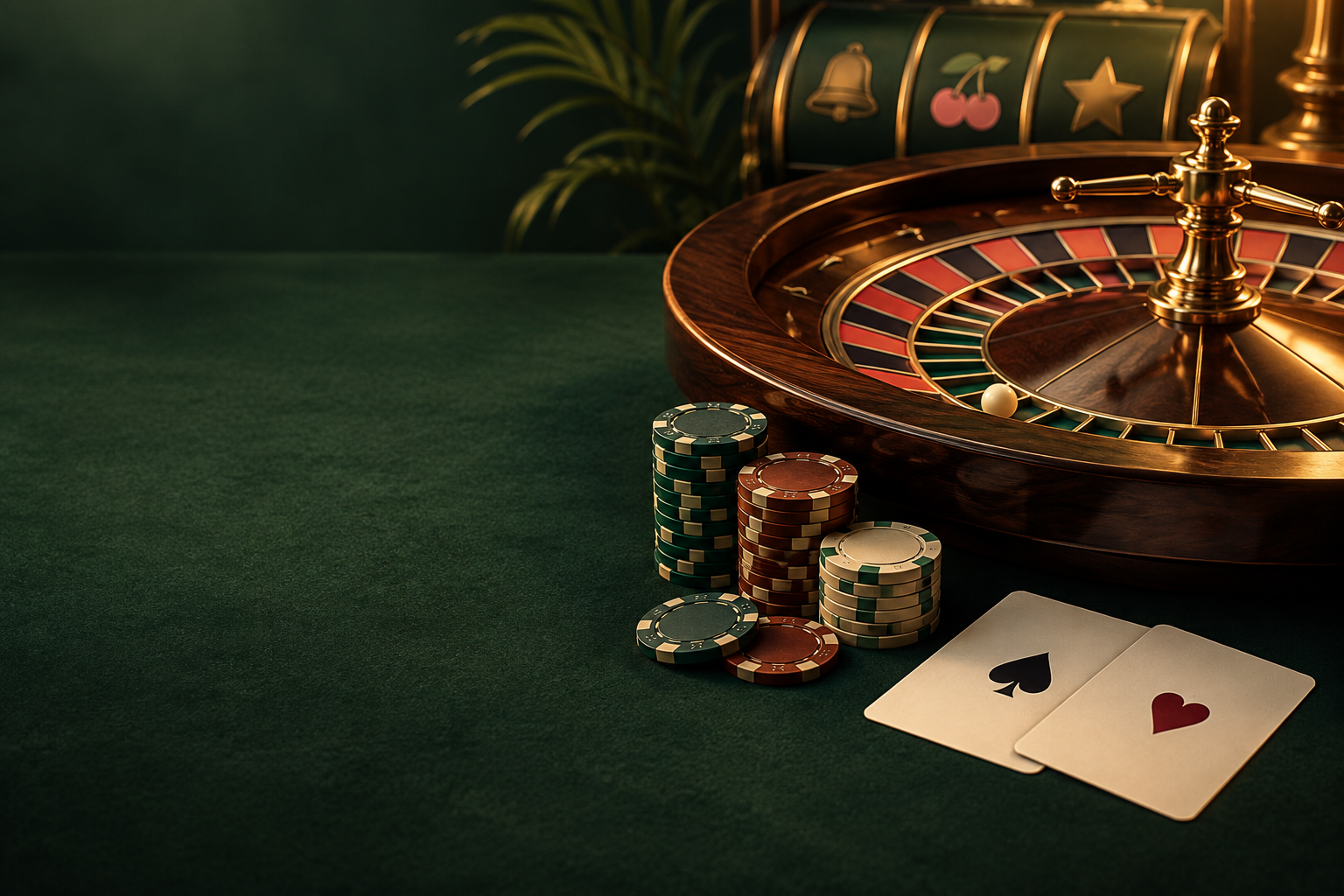 Ilustrasi meja roulette, kartu dan keping kasino dalam cahaya tembaga