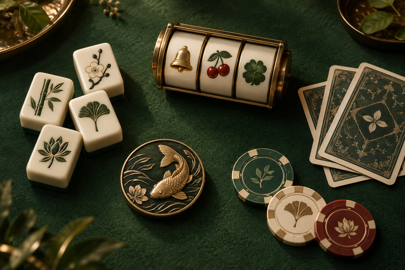 Ilustrasi gulungan slot, ubin permainan, kartu dan keping di meja hijau